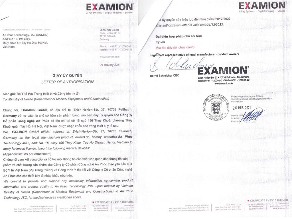 Giấy uỷ quyền chính thức từ hãng Examion cho công ty Anmed